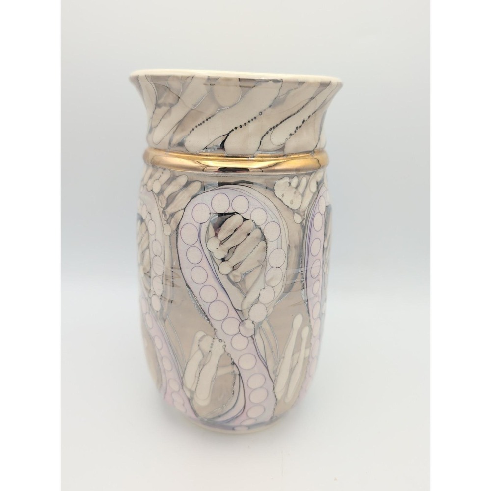 Studio Art Pottery Hand Painted Ceramic Vase Gold Band Iridescent 7 5/8" Tall